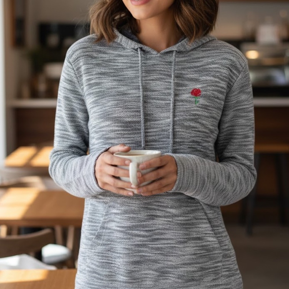 Gray Women's Hoodie with Rose Embroidery
